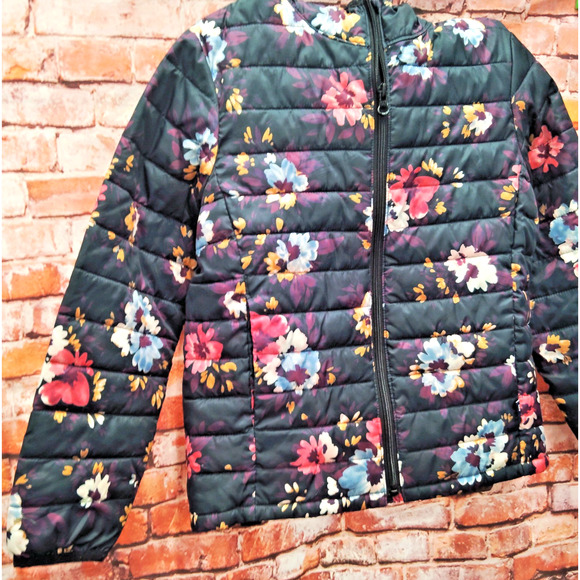 Gap Cold Control Puffer Jacket Kids Medium Black Floral Print Long Sleeve Hooded - Picture 2 of 6